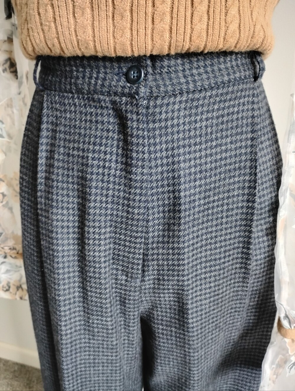 Talbots Vintage Wool Pleat Front Trousers Navy Blue Gray Houndstooth Size 14 Pet - Picture 5 of 16